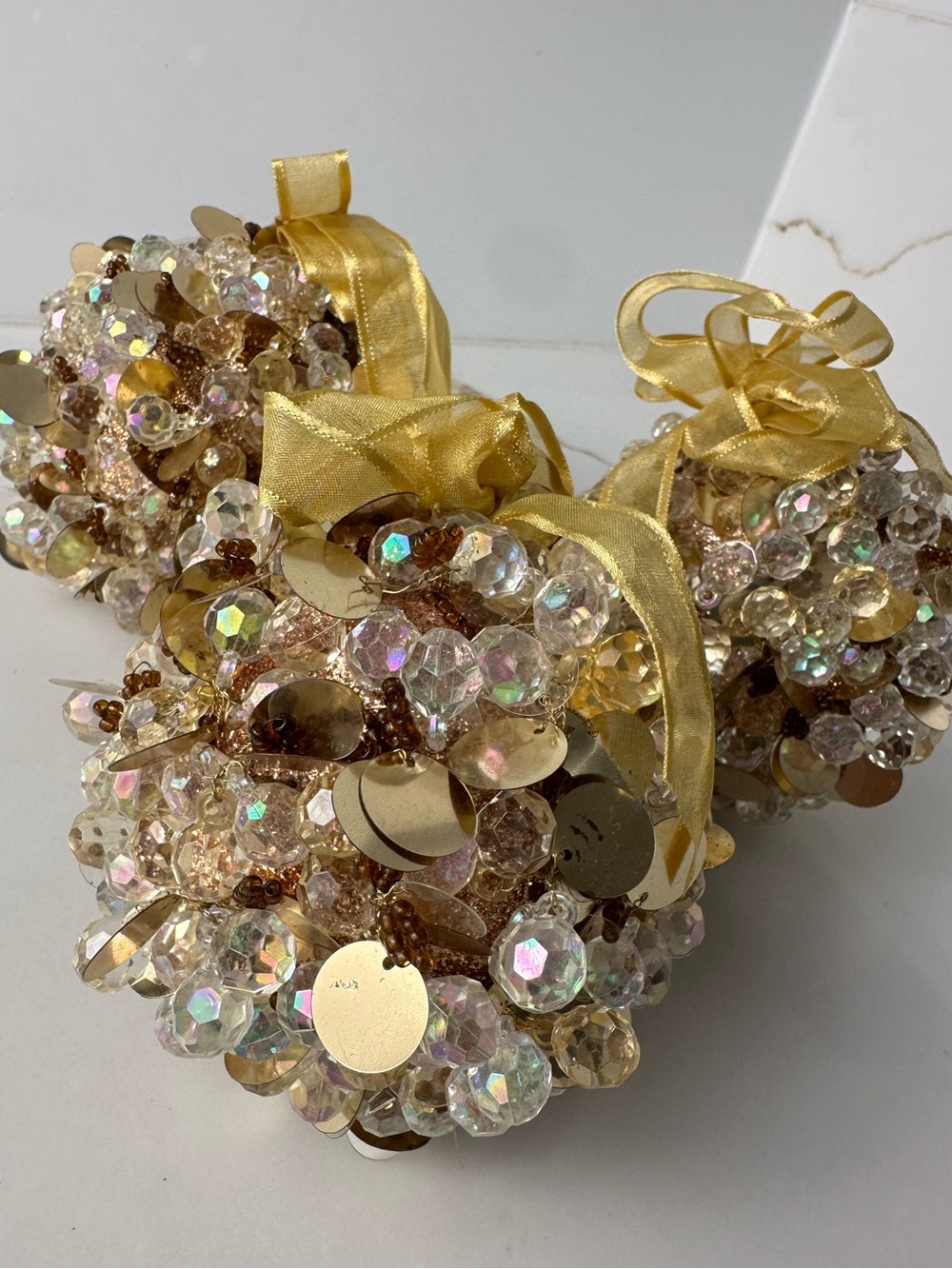 3 Gold Crystal Beaded Sequin Christmas Ball Ornaments